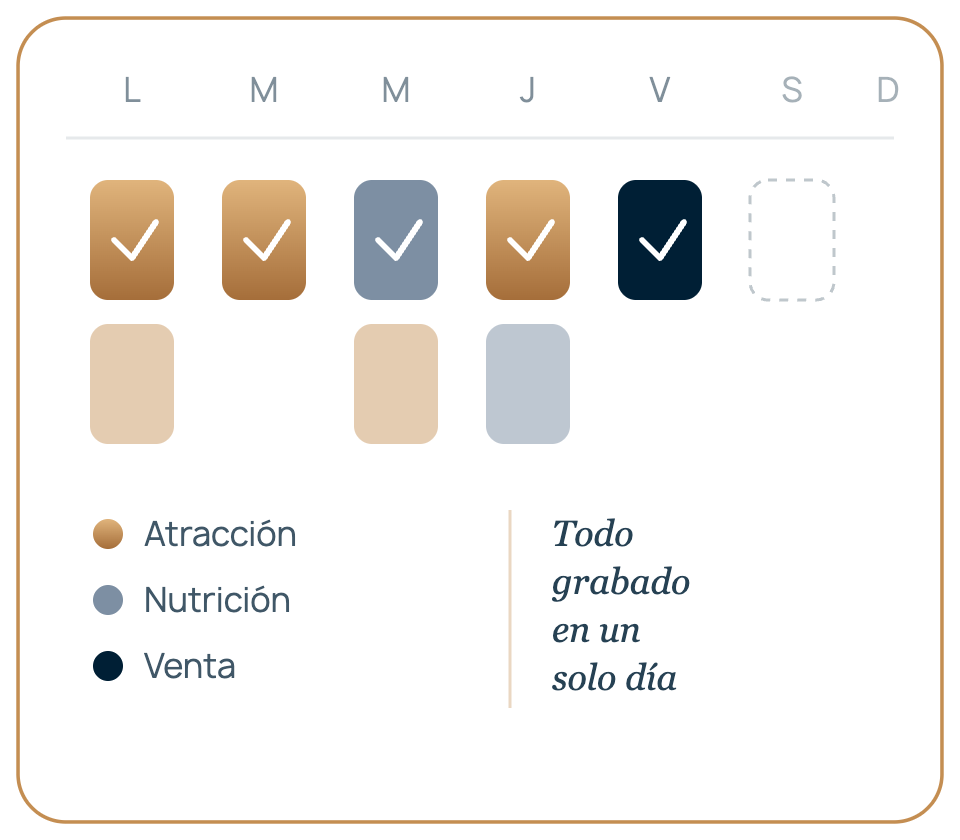 Calendario semanal con contenido organizado por tipo: atracción, nutrición y venta